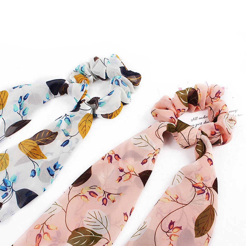 

2019 New Extra Long Chiffon Print Scrunchie Fashion Elastic Hair Bands Elastic Bow Big Tail Floral Hair Accessories Wholesale