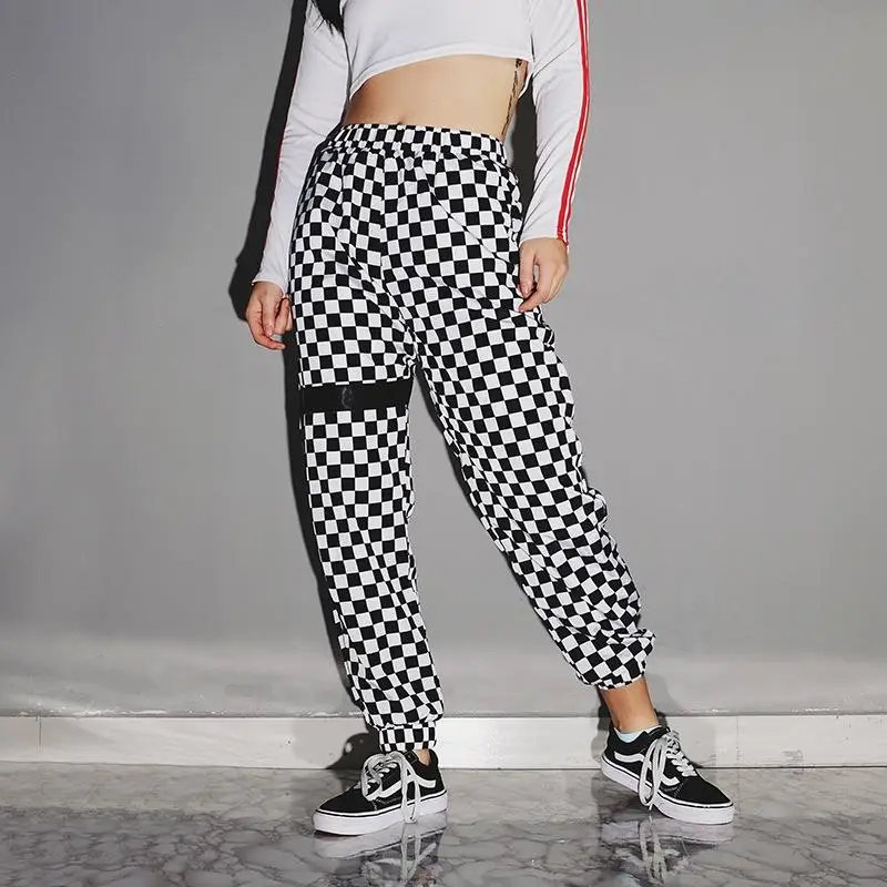 Black White Lattice Printed Casual Pants Women Harajuku Loose Summer Trousers Woman Streetwear High Waist Harem | Женская одежда
