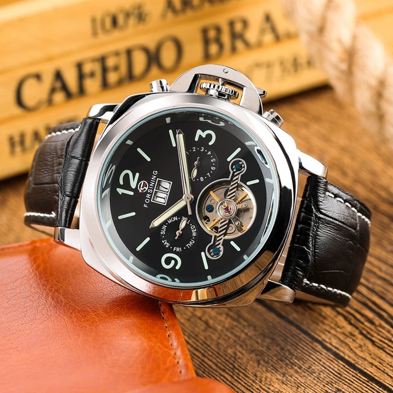 Forsining Топ Роскошные автоматические мужские часы механические часы Tourbillon Мужские Спортивные Светящиеся Часы мужские кожаные Ретро наручные часы