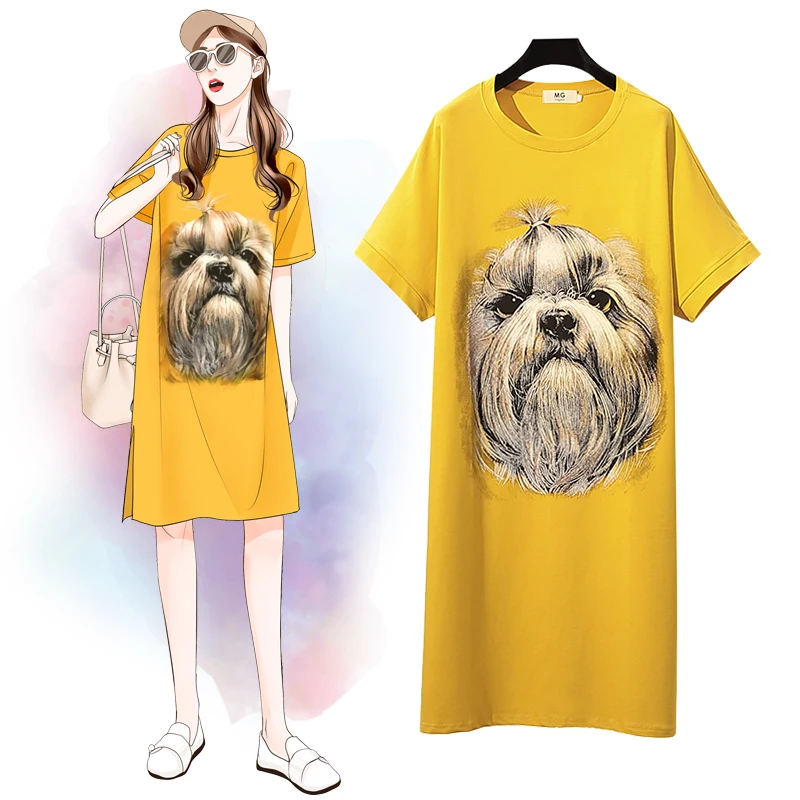 XL-4XL Большие размеры женское хлопковое платье с коротким рукавом и принтом собаки