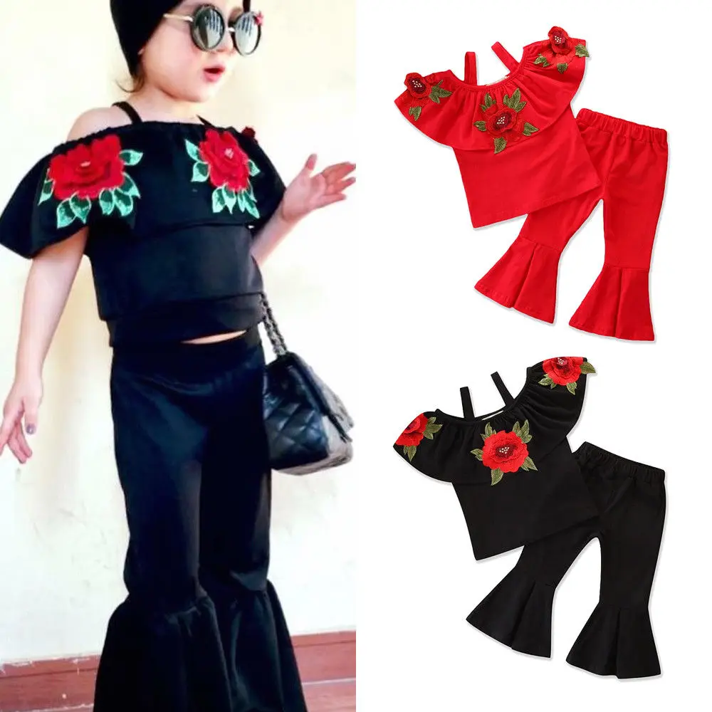 Fashion Toddler Kids Baby Girl Clothing Set Off shoulder Embroidery Flower Tops Flared Pant Bell Bottom 2PCS Girls Clothes | Детская