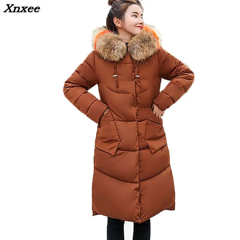 2018 Толстая теплая хлопковая длинная парка с капюшоном и меховым воротником