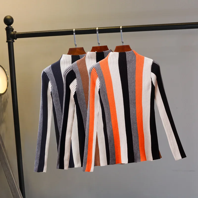 2018 Women Vertical Striped Patchwork Sweater Autumn Winter Turtleneck Long Sleeve Knitted Cool Pullovers Tops Korean | Женская одежда