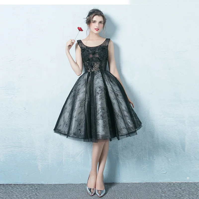 Hot New 2019 Black Lace A Line Sexy Cocktail Dresses Custom made Elegant Knee Legnth Dress Tulle Women | Свадьбы и торжества