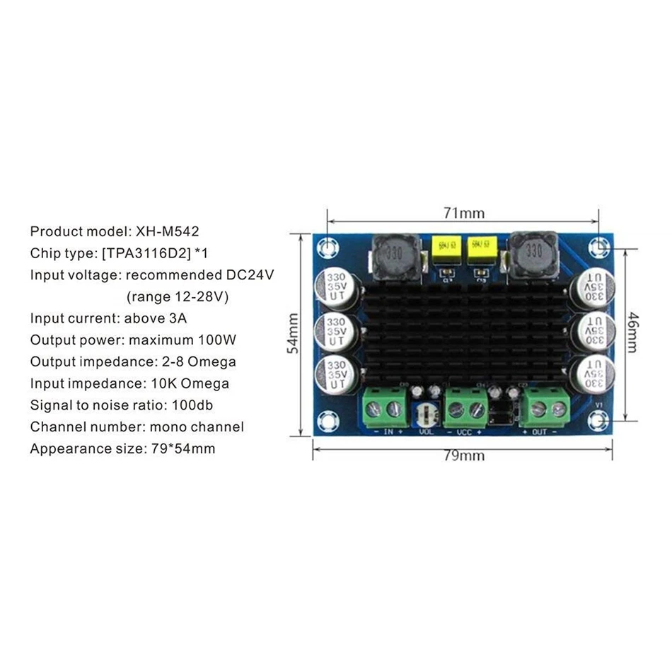 DC12-26 V XH-M542 Mono 100W цифровой усилитель мощности в TPA3116D2 одноканальный плата |