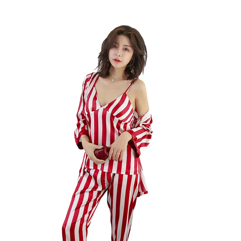 2019 Spring Women Silk Pajamas Sets 3 Pieces Fashion Spaghetti Strap Tops Satin Sleepwear Female Stripes Long Sleeve Pijama | Женская