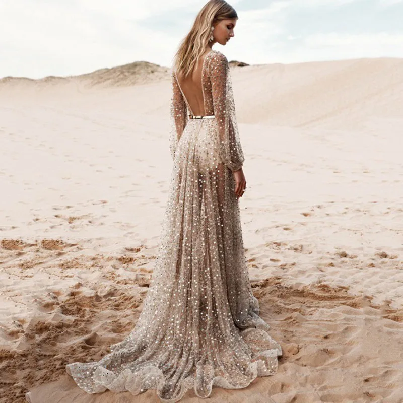 Shiny Luxury Beach Skirt Sequin Deep V Mesh Backless Dress Women 2019 See Through Sexy Cover Up With Long Sleeve |