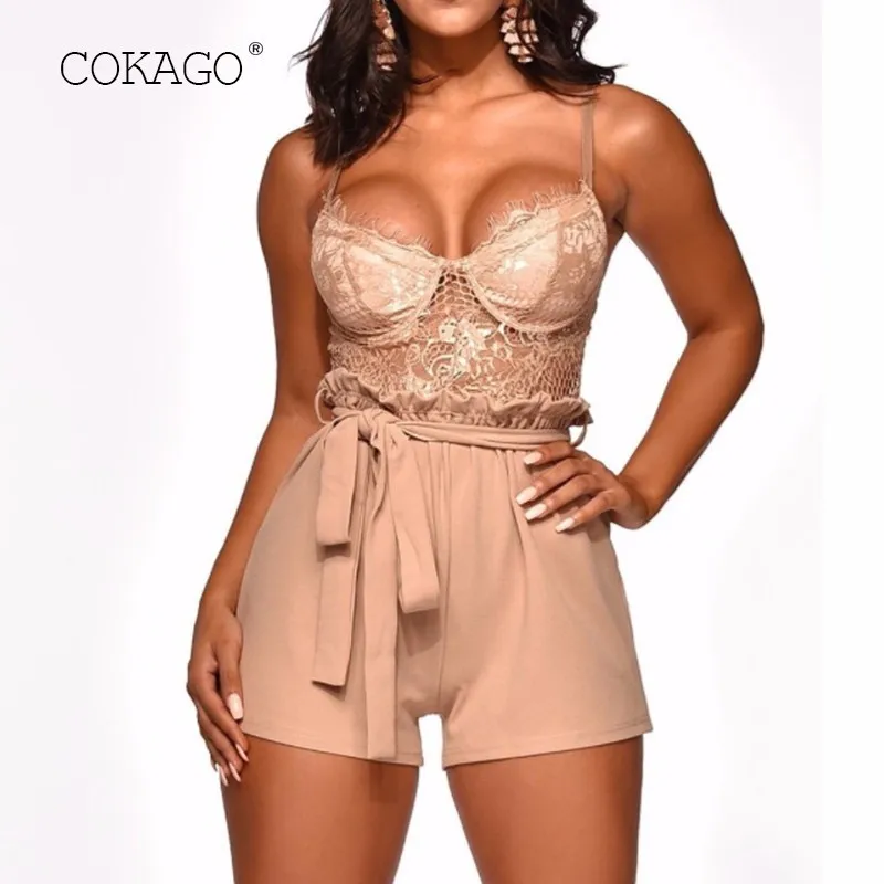 COKAGO Elegant Lace Jumpsuit Women Summer 2019 Sleeveless V Neck Female Jumpsuits Short Sexy Playsuit Push Up Plus Size Rompers | Женская