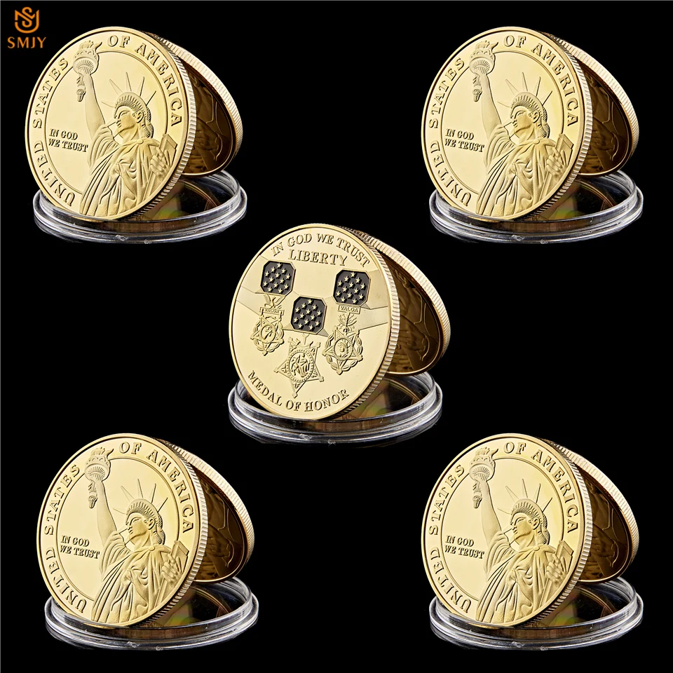 

5Pcs/Lot American Statue Of Liberty Believes in The Medal Of Freedom Gold 999 Challenge Coin USA Collection