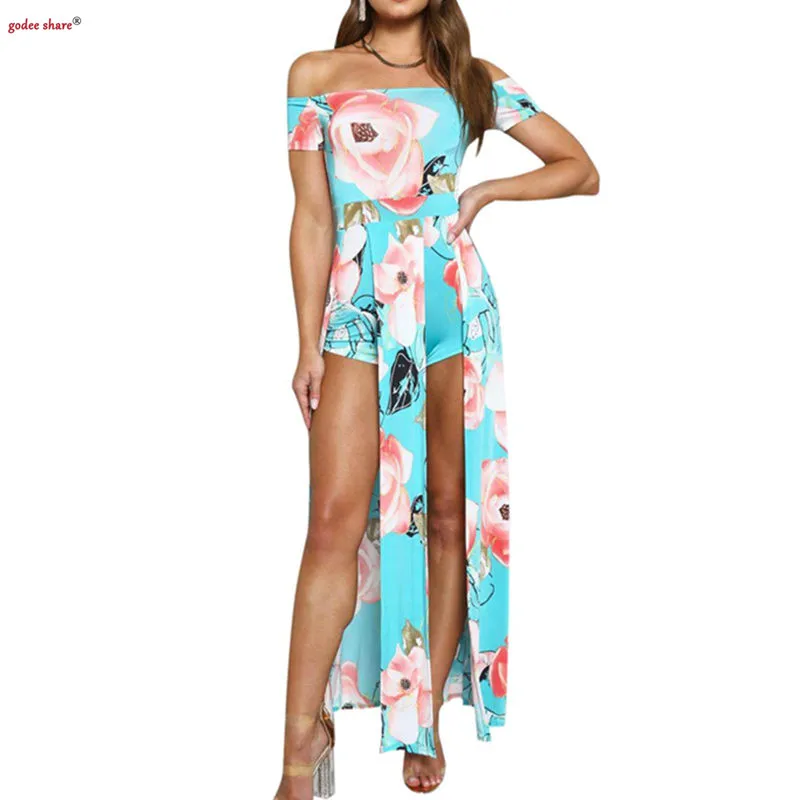 2019 Модный цветочный пляжный костюм с рисунком женская одежда короткий рукав Slash