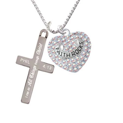 Faith Rocks on AB Crystal Heart - I Can Do All Things Cross Necklace | Украшения и аксессуары