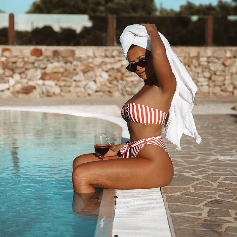 TolTolQ 2019 Stripe High Waist Blue Sexy Fashion Women Bodysuits Suits Beachwear Summer Sandywear Beach Playsuits | Женская одежда