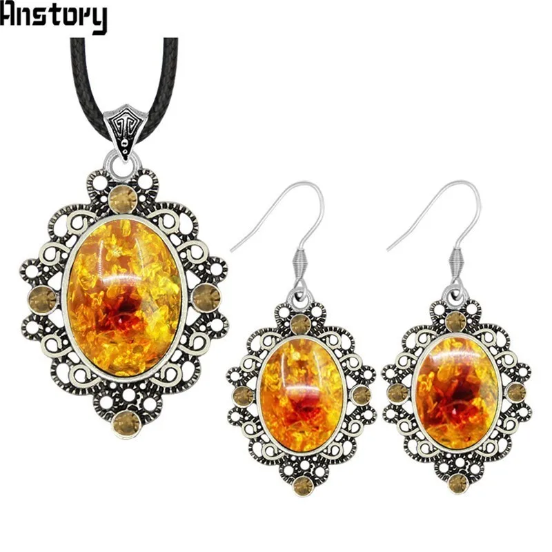 Oval Resin Crystal Vintage Jewelry Set Grown Necklace Earrings Antique Silver Plated Fashion TS465 | Украшения и аксессуары
