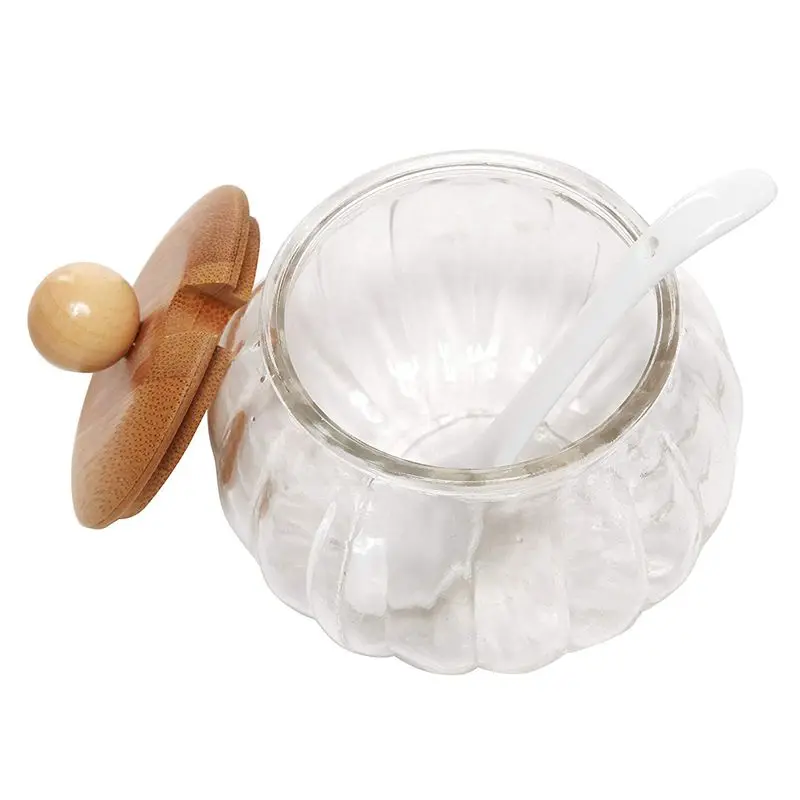 (set of 3) clear glass seasoning jar creative spice box and 2-layer wooden display stand |