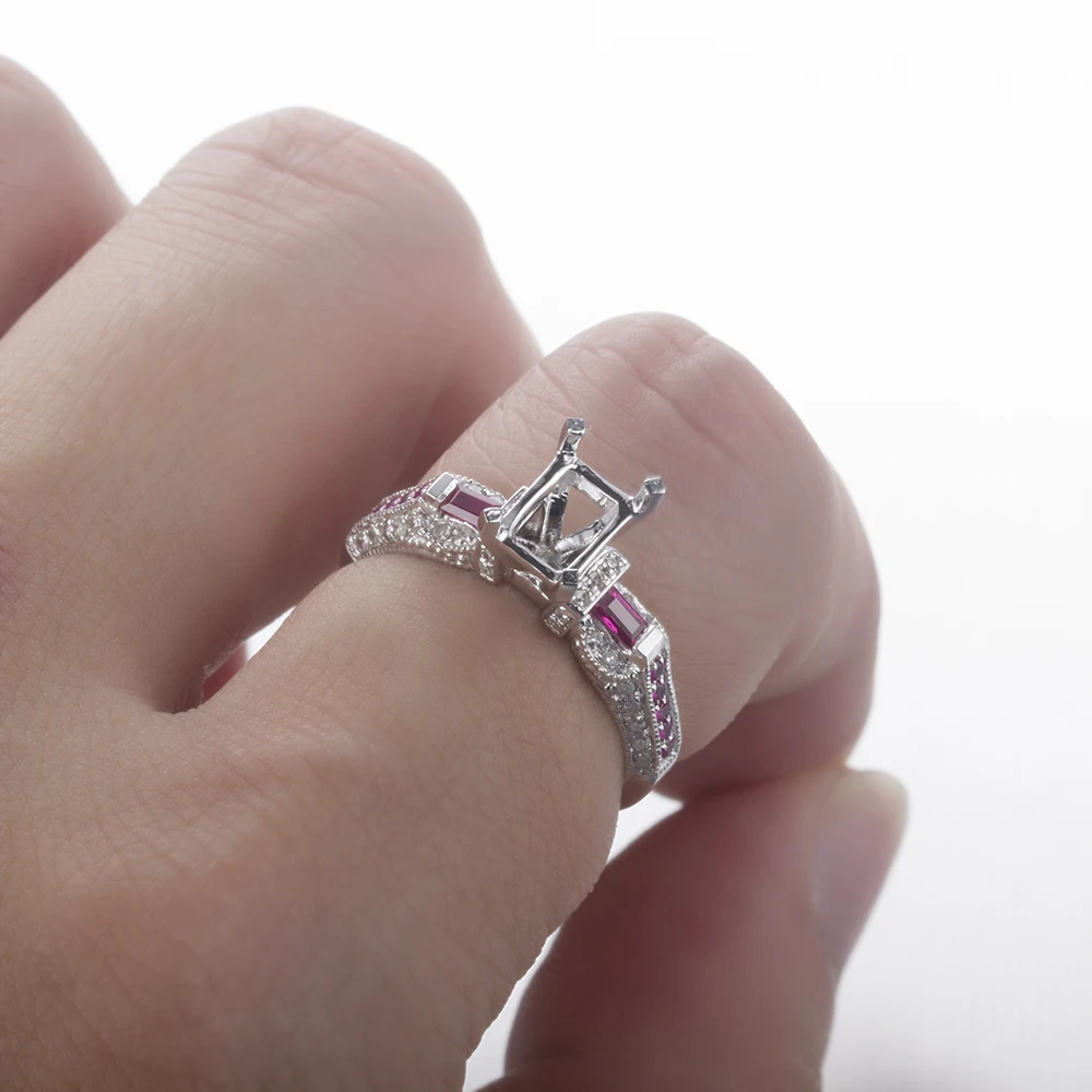 

HELON Diamonds & Rubies Cushion 7x5mm Semi Mount Wedding Ring Solid 10K White Gold Engagement Ring Jewelry Elegant Gemstone Ring
