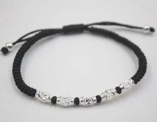 Solid 925 Sterling Silver Oval Bead Black Cord Knitted Bracelet Adjustable | Украшения и аксессуары