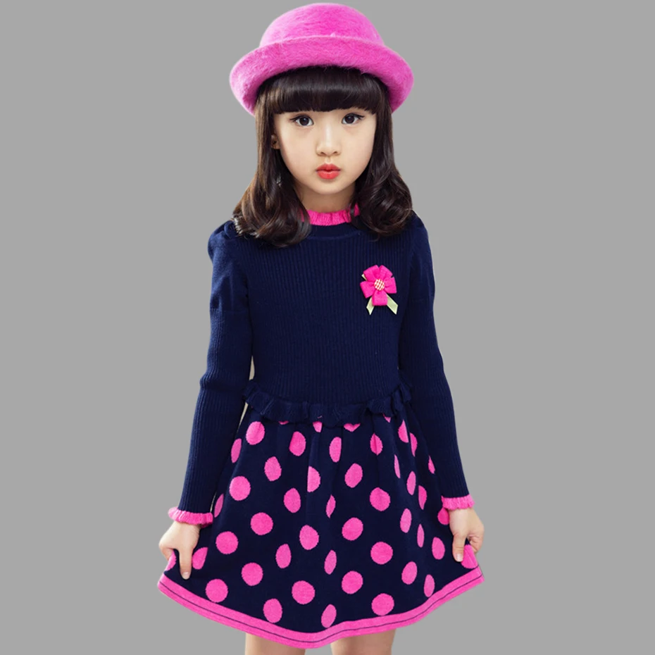 Dresses For Girls Dot Knitted Sweater Dress Party Kids Autumn Winter Christmas Clothes Girl 3 5 8 9 13 Years | Детская одежда и