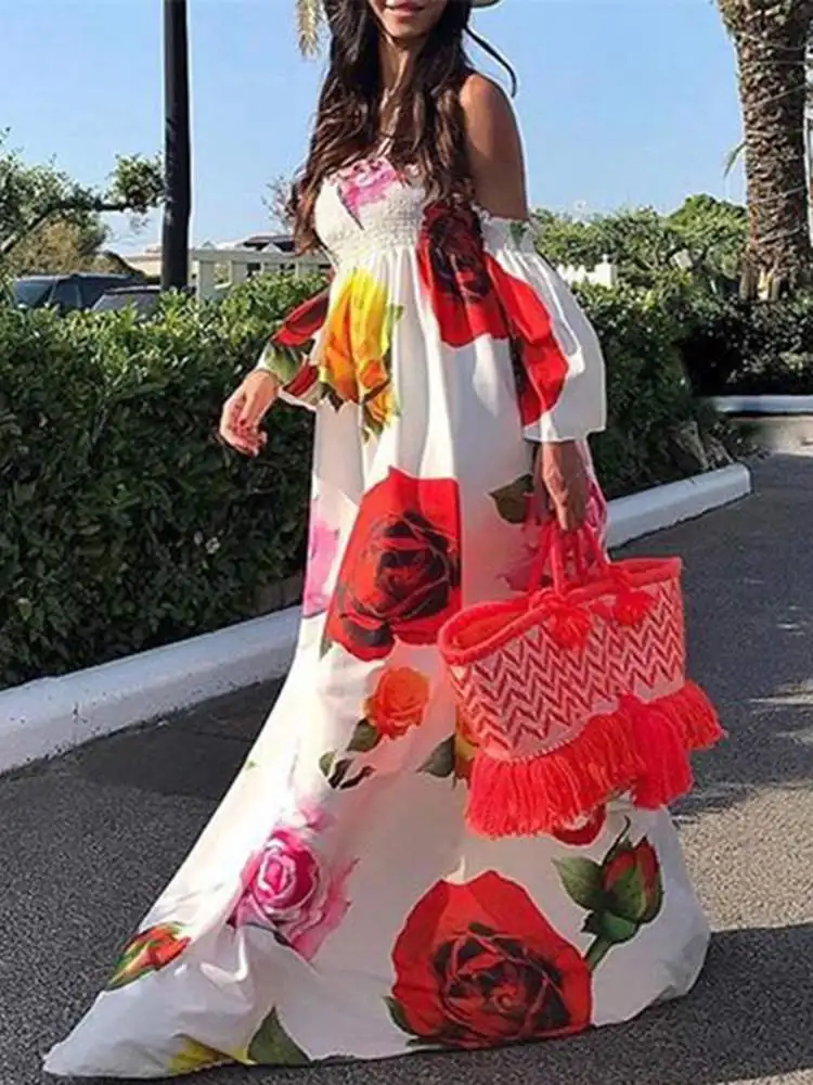 VONDA Bohemian Holiday Dress 2021 Summer Women Sexy Off The Shoulder Floral Print Maxi Long Dresses Beach Oversized Vestidos | Женская