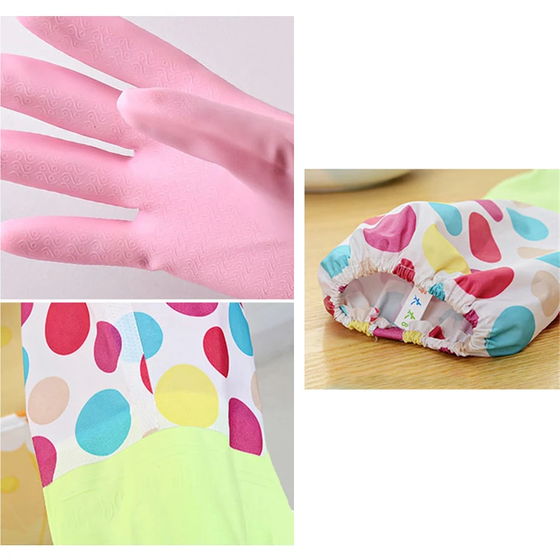 1 Pair Kitchen Elastic Band Long Sleeves Cleaning Gloves with Velvet Warm Household Waterproof Dishwashing | Дом и сад