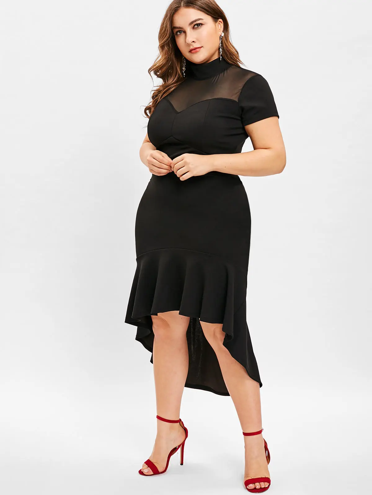 Женское платье из сетчатой ткани с коротким рукавом до середины икры | Женская