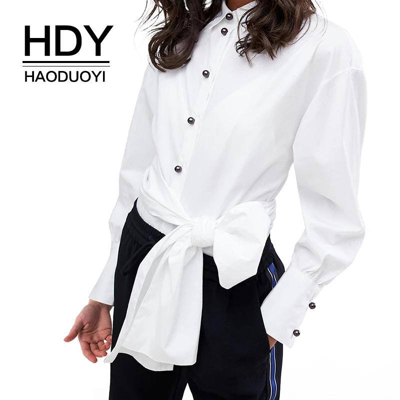 Женская блузка HDY haoduoyi белая облегающая с длинным рукавом и бантом новинка