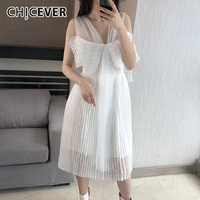 CHICEVER Летние повседневные милые однотонные белые лоскутные кружевные открытые