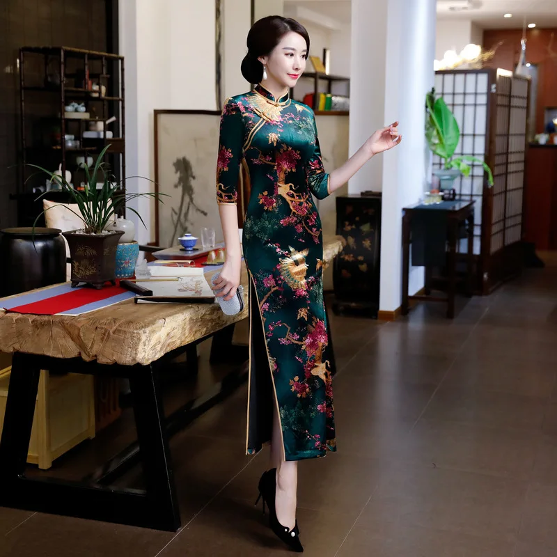Женское китайское традиционное вечернее платье Cheongsam бархатное длинное