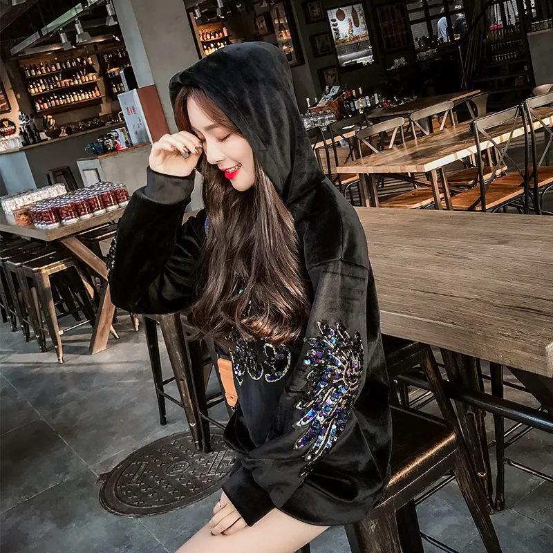 2018 winter hooded sweatershirt women plus velvet thick sequin embroidery loose long-sleeved tops female | Женская одежда