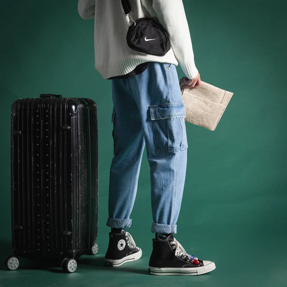 Мужские облегающие джинсы карго синие/черные байкерские брюки с потертостями и