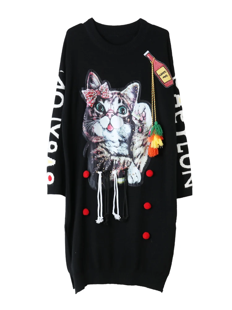 Vefadisa Women Cartoon Cat Tassel Knitting Sweater Dress 2018 Winter Letter Printing Pullover Maternity DQ522 | Женская одежда
