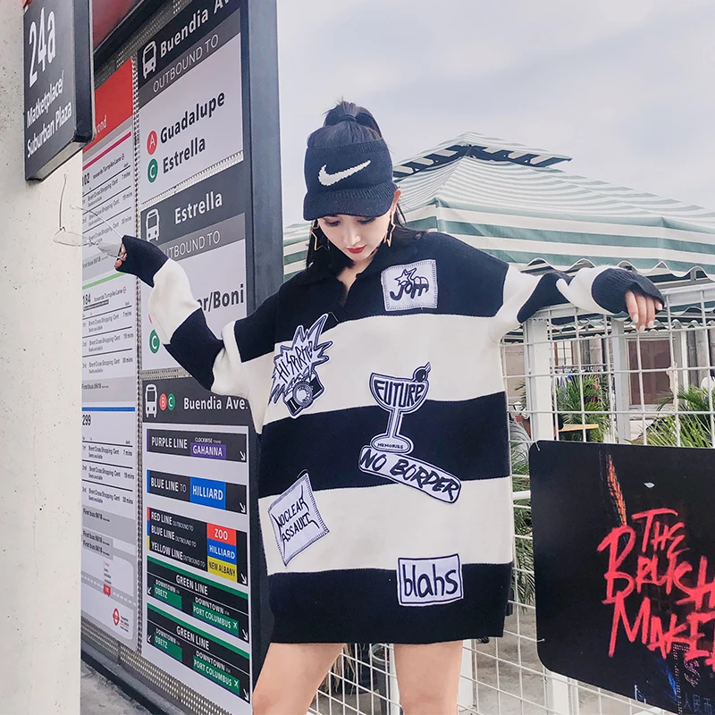 Vefadisa Women Letter Patchwork Sweater Black White Stripe Winter Warm Tops Long Sleeves Pullover V-Neck ZLD259 | Женская одежда