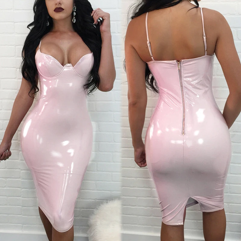 Женское сексуальное платье из искусственной кожи с v образным вырезом облегающее