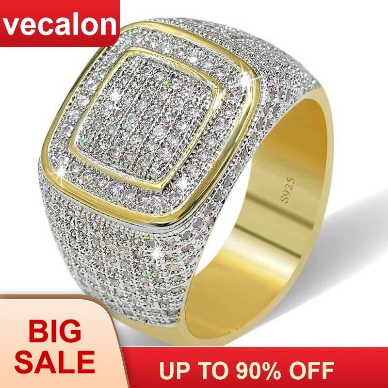 

Vecalon Luxury Big Hiphop Rock rings for men Pave setting 274pcs AAAAA cz Stone Yellow Gold Filled 925 silver male Party ring