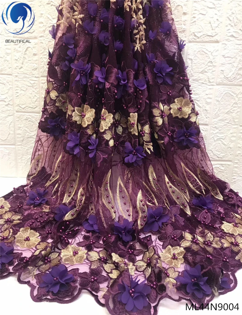 Красивая Африканская сеть кружева 3d цветок с бисером синий французский вышивка 5