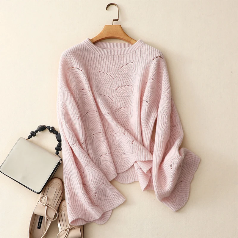 Shuchan New Womens Sweaters For Fall 2018 Women Knitted Sweater Flare Sleeve Hollow Out Female Knitting Pullovers Loose | Женская одежда