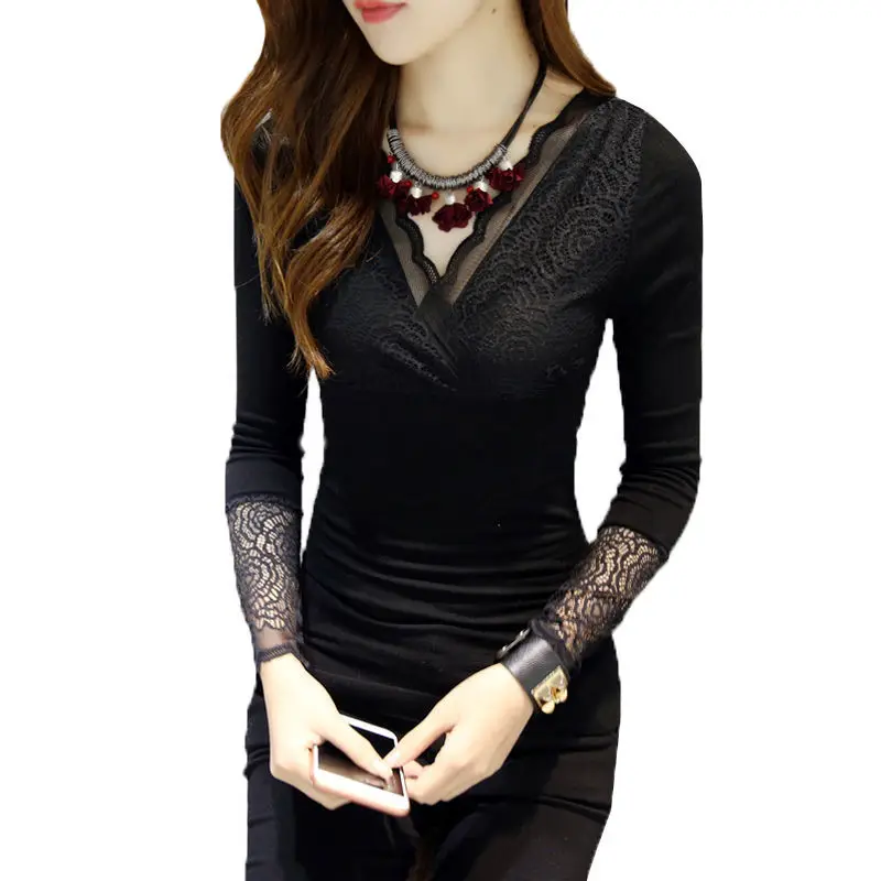 PEONFLY Women Pullovers Jumper Sexy V Neck Hollow Stitched Lace Slim Female Streetwear Casual Sweaters Soft Tops Clothes Black | Женская