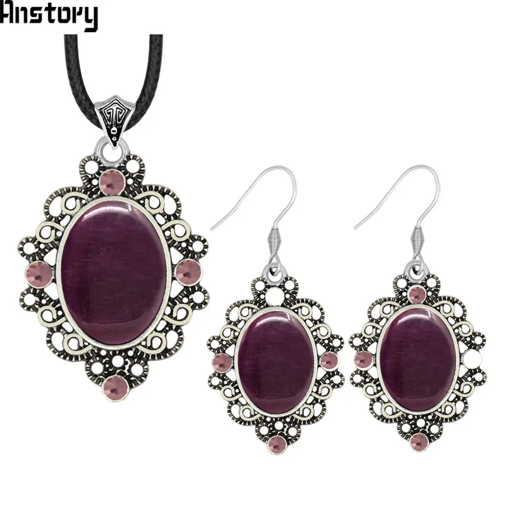 Oval Opal Vintage Jewelry Set Crystal Necklace Earrings Hollow Flower Antique Silver Plated Fashion TS468 | Украшения и