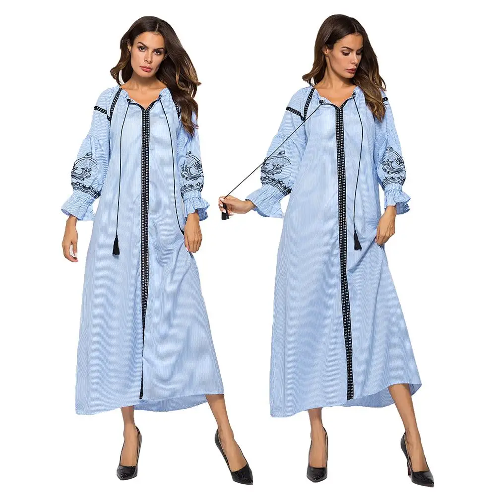 Женское мусульманское длинное платье с цветочной вышивкой в полоску кисточками