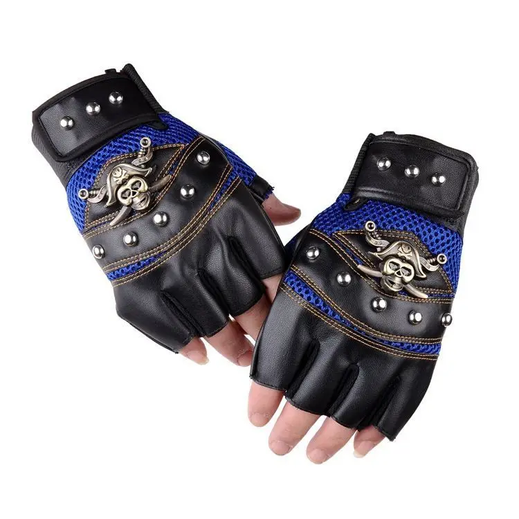 

Pu Half Finger Glove Man Mountaineering Handsome Tactic Pirate Human Skeleton Head Personality Rivet Security Thin