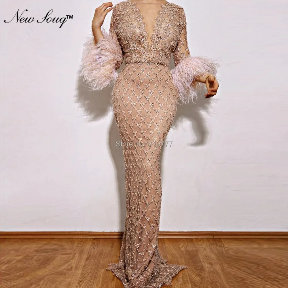 Вышитое бисером женское платье 2019 от кутюр с перьями Дубай для выпускного вечера