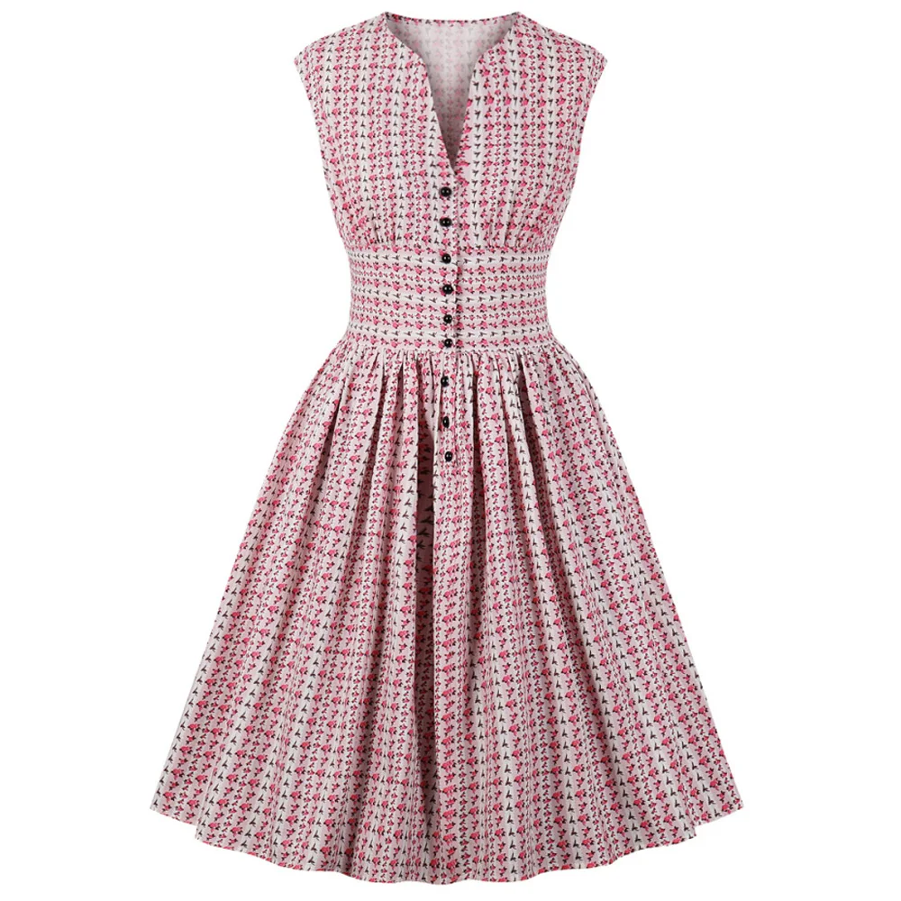 Женское винтажное платье с цветочным принтом без рукавов треугольным вырезом на