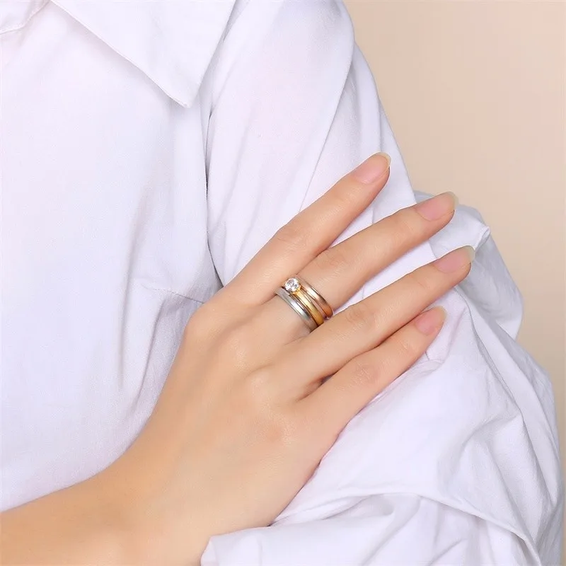 Women Tri-Tone Cubic Zirconia Stainless Steel Stackable Ring | Украшения и аксессуары