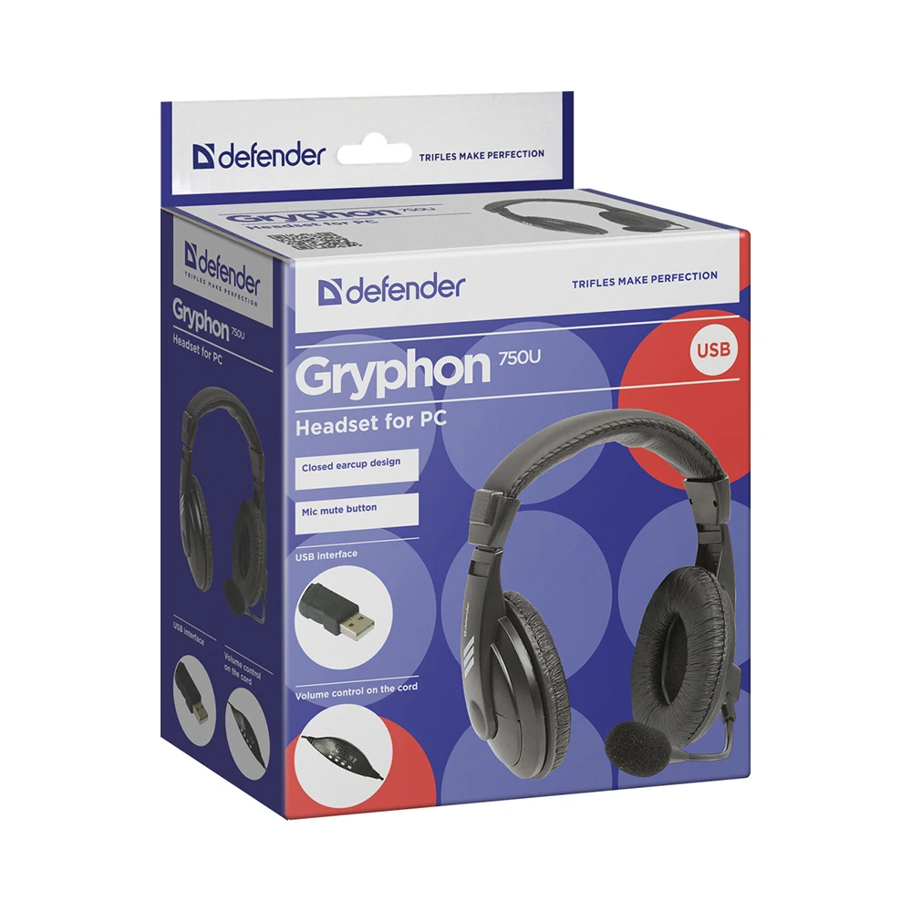 Компьютерная гарнитура DEFENDER Gryphon 750U USB черный кабель 1.8м|Наушники и гарнитуры| |