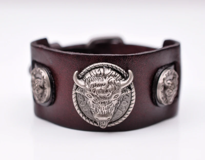 Metal Longhorn Bull Studded Genuine Punk Quality Wide Cowhide Leather Bracelet Cuff Wristband Bangle Brown