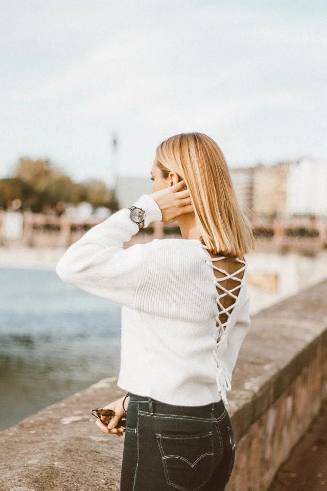 AZULINA Lace Up Back Sweater Sexy Open V Neck Knitted Women Pullovers Long Sleeve Ladies Sweaters Elastic Jumpers | Женская одежда