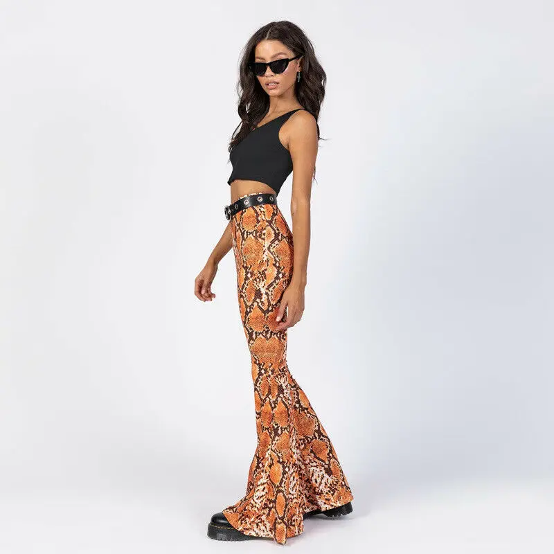 Women Spring 2019 Fashion Snake Skin Print Wide Leg Pants Sexy Party Club Flare Casual Elastic Waist Trousers Pantalones | Женская