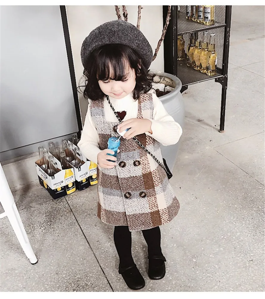 Girls Clothing Wool Double-breasted Strap Dress Infant Baby Kids Dresses For Fashion Plaid Sleeveless Toddler 2-5 Y | Детская одежда и