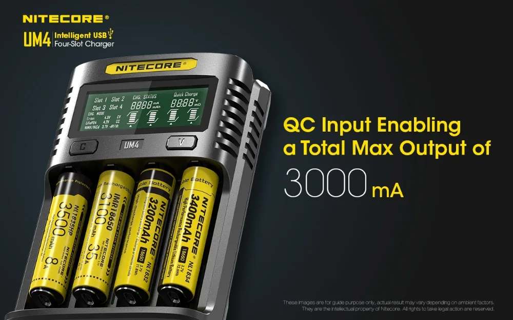 NITECORE UM4 Intelligent USB 4 Slot Charger LCD Display Multiple Input Sources Available for Li-ion/IMR/INR/ICR/LiFePO4 battery |