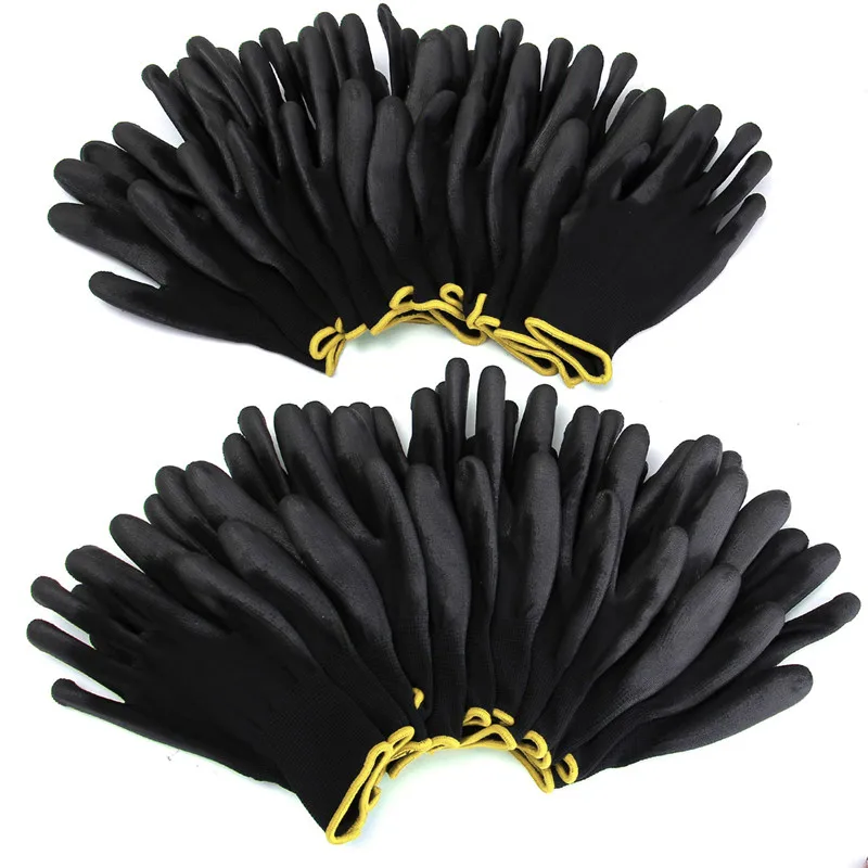 

New Arrival 12 Pairs Black Nylon PU Safety Work Gloves Builders Grip For Palm Coating Gloves