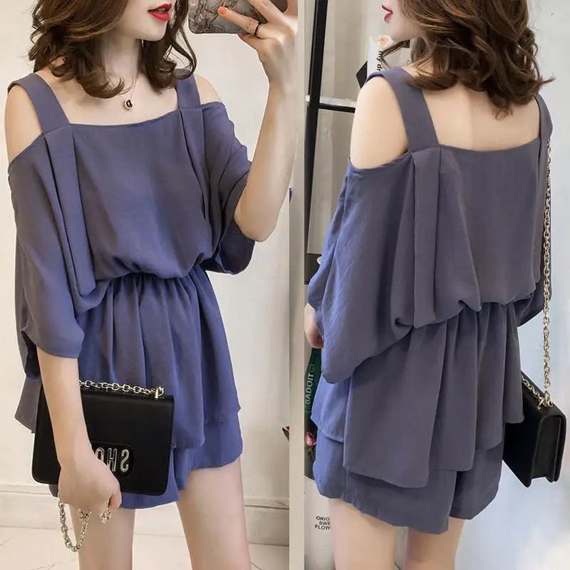 MISSKY 2pcs/set Women Girl Summer Suits Solid Color Fashion Belly-covering Suit Tops +Shorts Female Clothes |